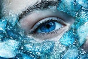 Stunning close up of a blue eye surrounded by water and ice photo