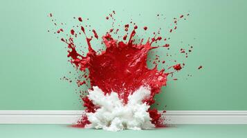 Dramatic red paint splash on green background photo
