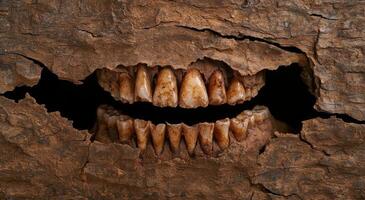 Fossilized prehistoric teeth embedded in rock photo