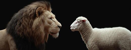 Powerful lion and a small lamb facing each other photo