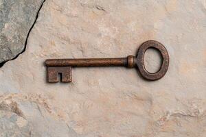 Rustic old key on stone background photo