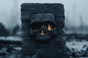 Spooky skull shaped charred log in dark, moody forest photo