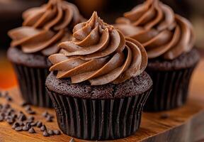 Decadent chocolate cupcake with swirled frosting photo