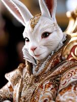Ornate white rabbit in elaborate golden costume photo