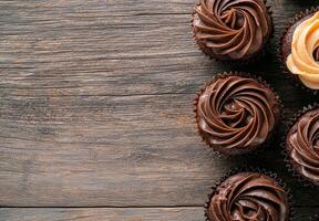 Delicious chocolate cupcakes with swirled frosting on a rustic wooden background photo