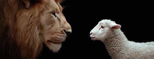 Powerful lion and innocent lamb in confrontation photo