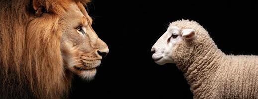 powerful lion and innocent lamb face to face photo