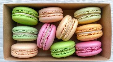 Assortment of colorful macarons in a wooden box photo