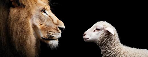powerful lion and innocent lamb face to face photo