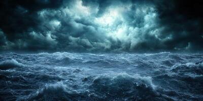 Stormy ocean waves and dark cloudy sky photo