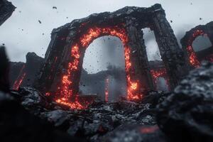 Apocalyptic archway in fiery ruins photo