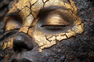 close up of a cracked golden surface with a single eye photo