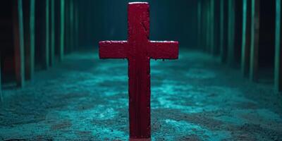 Dramatic red cross on dark green background photo