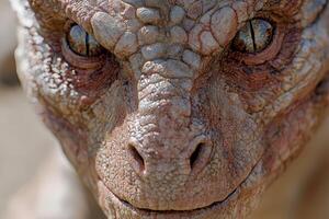 Close up of a reptiles head with intricate scales and piercing eyes photo