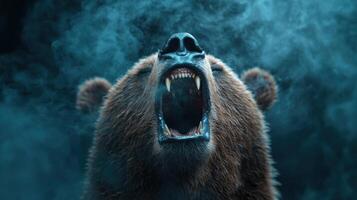 Fierce Grizzly Bear Roaring in Misty Forest photo