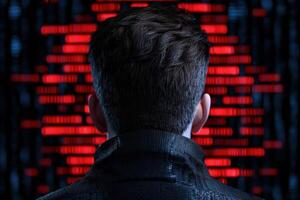 Hacker in dark room with red binary code photo