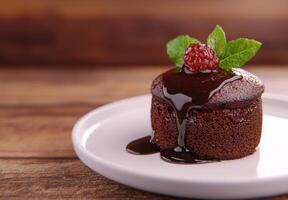 Decadent chocolate cake with raspberry topping photo