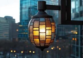 Illuminated glass lantern against blurred city skyline photo