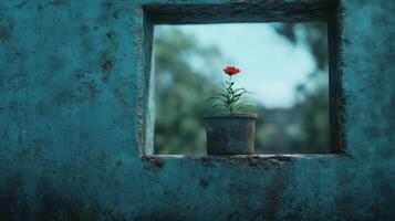 Vibrant red flower in a rustic frame photo