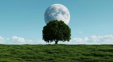full moon over tree in grassy field photo