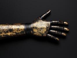 Futuristic robotic hand with intricate golden patterns photo