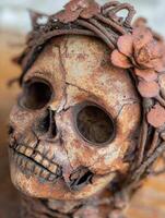 Rusty skull shaped object with intricate details photo