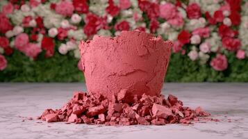 Crushed red makeup powder on wooden table with flowers photo