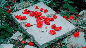 Vibrant red flower petals scattered on a concrete surface photo