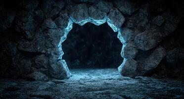 Mysterious dark cave entrance with glowing blue ice formations photo