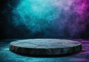 Mystical stone platform in colorful smoke photo