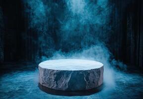 Mysterious stone platform in misty blue atmosphere photo