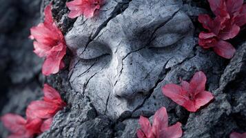 Serene stone face with vibrant red flowers photo