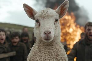 Curious sheep close up in field photo