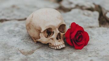 Skull and red rose on a rocky surface photo