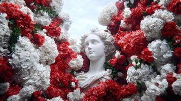 Marble statue surrounded by vibrant red and white flowers photo