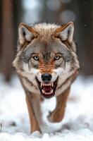 Fierce grey wolf baring teeth in snowy forest photo