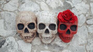 Decorative skulls and red rose photo