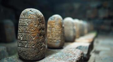 ancient carved stone artifacts with mysterious symbols photo