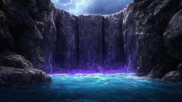 Dramatic waterfall cascading into turquoise pool photo