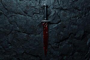 Mysterious medieval sword embedded in dark rock photo