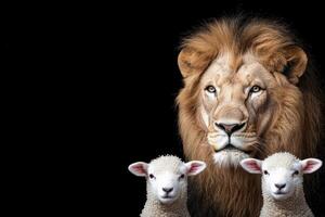 lion with lambs in dark background photo