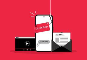 Clickbait concept with smartphone and fishing hook on clickbait message. Advertising and spam symbol vector