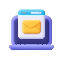 Computer laptop with webpage and envelope. New email, mail service, e-mail message, mail notification, social network concept. 3d icon. Cartoon minimal style. vector