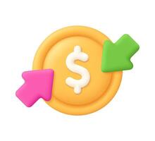 Dollar coin with arrow down and up. Financial loss or growth, increase or low of revenue. Finance and business concept. 3d icon. Cartoon minimal style. vector