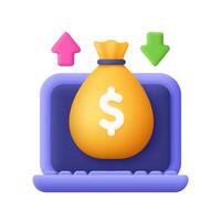 Computer laptop and money bag with dollar sign and up and down arrow. Finance, banking, investment and trading concept. 3d icon. Cartoon minimal style. vector