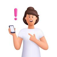 Young smiling woman holding smartphone and pointing to exclamation point. Idea, warning or attention concept. 3d people character. Cartoon minimal style. vector