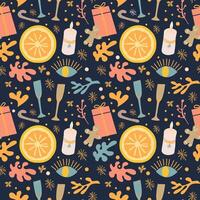 New Year pattern with abstract elements and Gift boxes, snowflakes, eyes, mask, a glass of wine fnd orange. vector