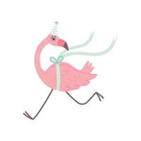 Cute Flamingo Running Wearing Party Hat, Beautiful Exotic Bird Character Illustration vector