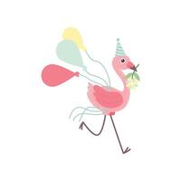 Cute Flamingo Wearing Party Hat Running with Colorful Balloons and Flower In its Beak, Beautiful Exotic Bird Character Illustration vector