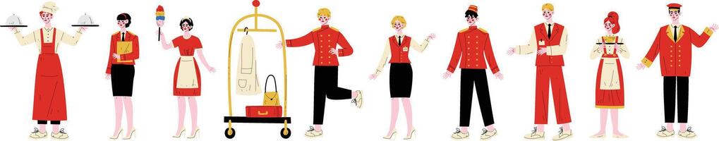 Hotel Staff Characters Set, Chef, Manager, Maid, Bellhop, Receptionist, Concierge, Waitress, Doorman in Red Uniform Illustration vector